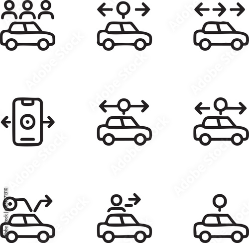 Car sharing and ride hailing vector icon set outline icons editable stroke passenger,distance,carpooling,navigation,proximity sensor,smartphone,location pin