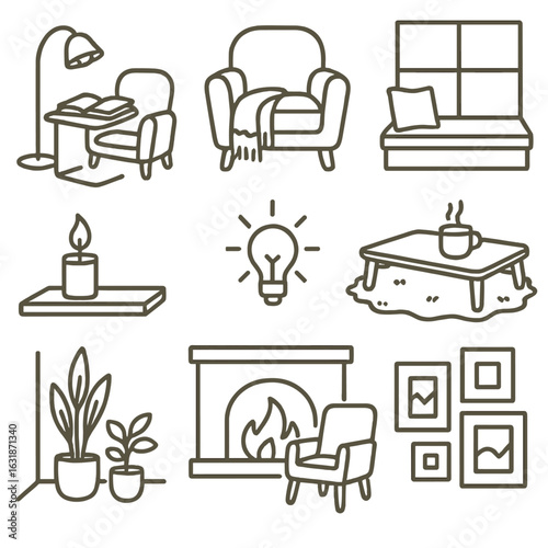 Cozy Interior Icons. Line style icons of cozy interior spaces: reading nook with lamp, armchair with blanket, window seat with