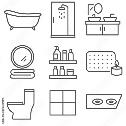 Bathroom Icon Collection. Line style icons of bathroom style features: freestanding bathtub, walk-in shower icon, double vanity