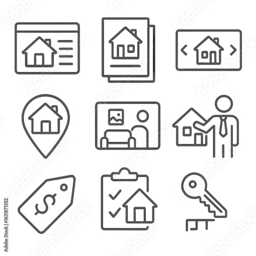 Real Estate Icons. Line style icons of real estate marketing visuals: home listing icon, brochure page with house, photo tour icon