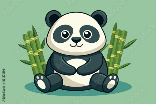 Cartoon panda bear sitting with bamboo stalks in a green background