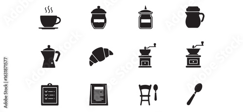 Set of coffee shop icons depicting food drink and restaurant supplies for design