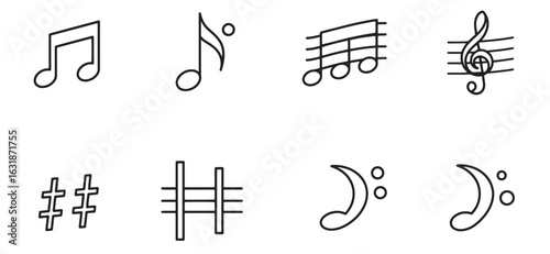 Simple black and white music symbols and notation on a white background