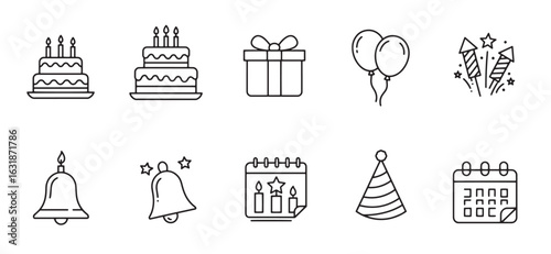 Simple black line icons representing birthday celebrations and festive event elements