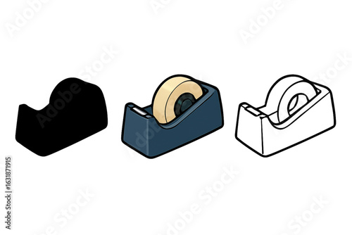 Tape Dispenser Vector Set – Silhouette, Colorful, and Outline Versions – Office Tool Illustration on White Background