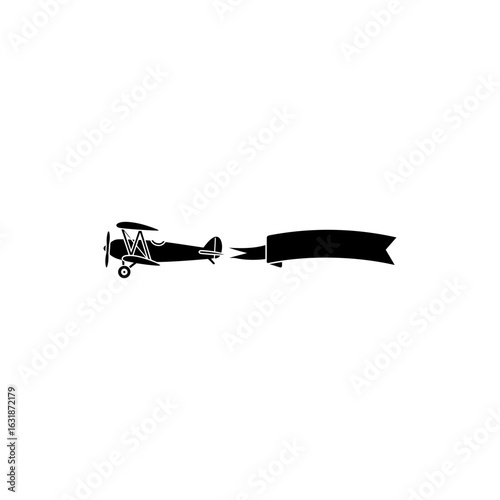 Vintage biplane with banner trail icon for aviation advertising and air travel