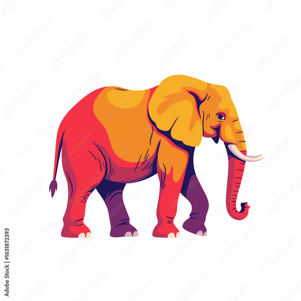 Fototapeta premium Colorful illustrated elephant walking in vibrant graphic style 