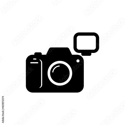 Camera with Photo Flash Black Filled Icon for Photography, Studio Lighting, Photo Equipment, Media Design, Professional Photoshoot