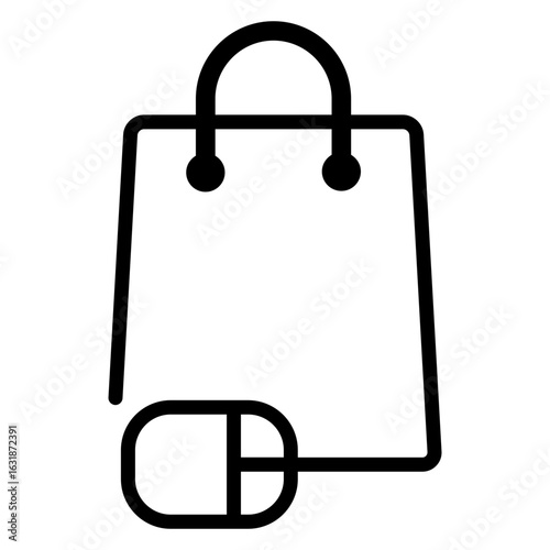 Logo tienda en línea. Icono bolsa de la compra con mouse de ordenador con líneas 