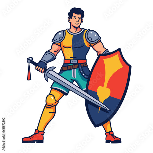 Male knight standing with sword and shield in colorful armor  