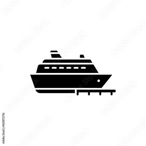 Black filled cruise ship icon docked at ocean port for travel and maritime voyage
