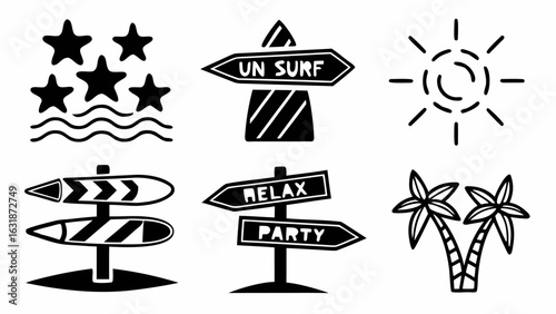 Illustration with stars above waves, directional signs, sun, surfboards, palms, and party relax signs silhouette
