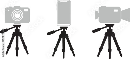 Three tripods supporting different recording devices