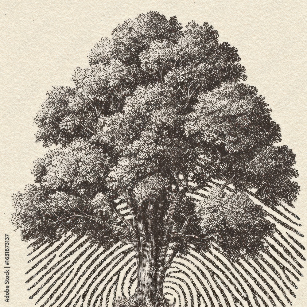 Fototapeta premium A grayscale image of a large tree superimposed on a fingerprint