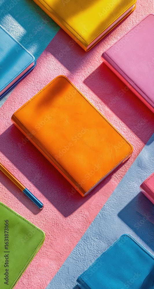 Fototapeta premium Colorful notebooks and a pen on a pastel background