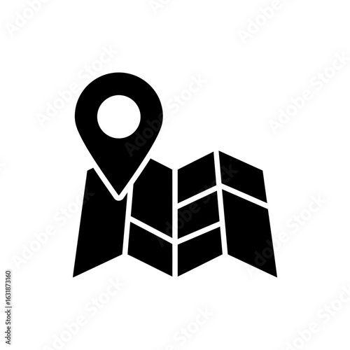 Black filled icon of GPS pin on folded map for navigation and travel guides