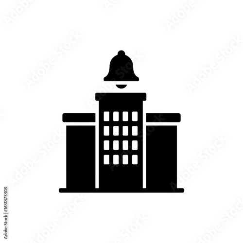 Black filled icon of hotel building with bell for travel accommodation and booking visuals