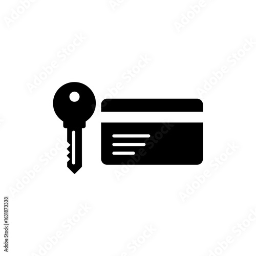 Black filled icon of hotel key and card for check-in access and room entry systems