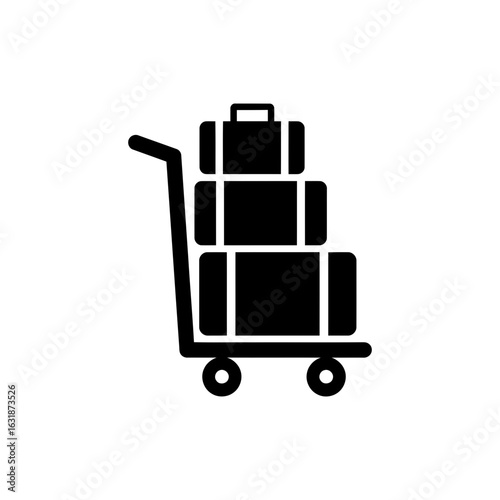 Black filled icon of luggage trolley with bags for airport transport and travel convenience