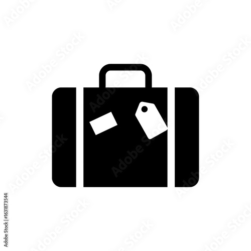 Black filled icon of luggage with airline tag for air travel and baggage claim themes