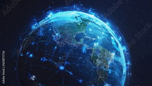 Digitally rendered Earth globe illuminated by blue light with floating data nodes and virtual connections, global communication, online networks and the interconnected nature of digital technology