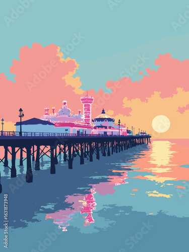 Redcar – Redcar Pier and amusement arcades in pier white, neon pink, sea blue, and sunset orange