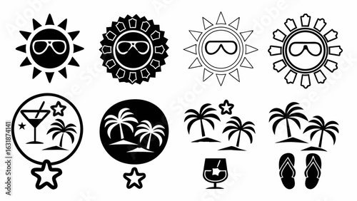 Collection of summer themed icons featuring suns with sunglasses, palm trees, drinks, and flip flops in black and white silhouette