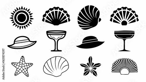 Collection of summer themed icons including sun, seashells, hats, starfish and cocktail glasses design vector silhouette