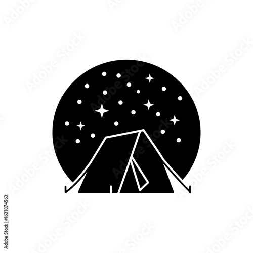 Black filled icon of tent pitched under stars for camping and outdoor night adventure themes