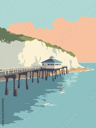 Herne Bay – Pier Pavilion and chalk cliffs in pavilion cream, cliff white, sea blue, and sunset peach