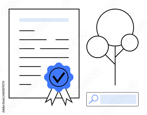 Certification paper with award ribbon, minimal tree icon, and search bar symbolizes eco-friendliness, authenticity, verification, sustainability, education, transparency, simple landing page