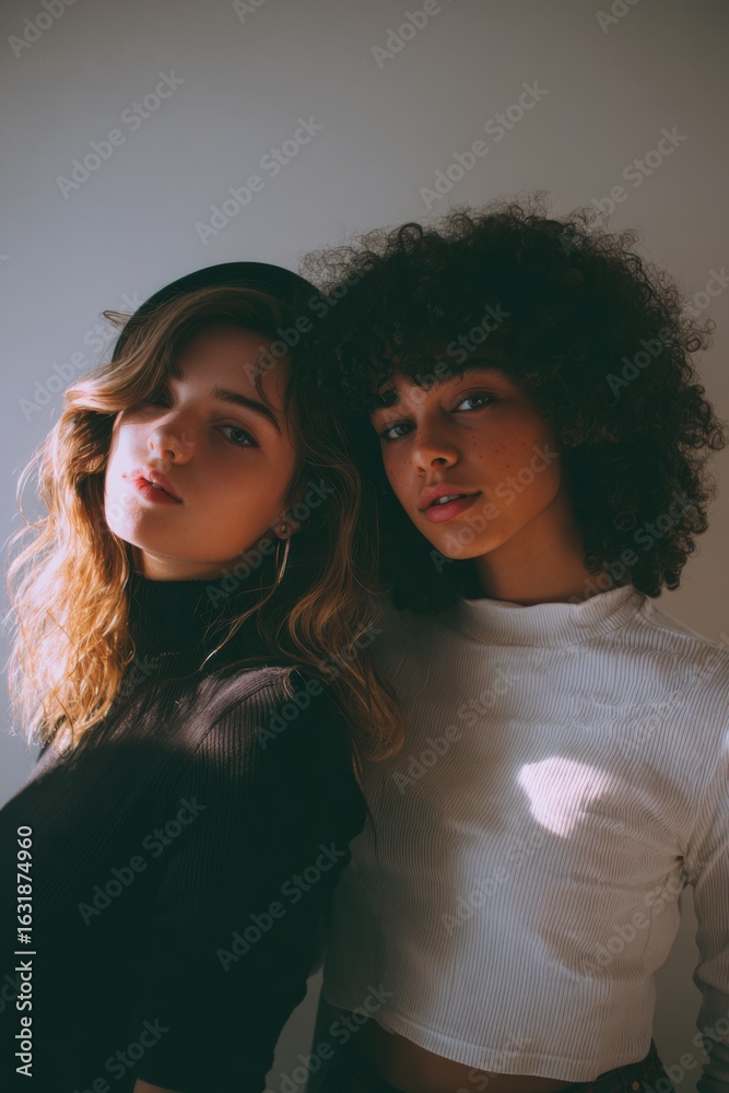 Fototapeta premium two girls posing against the backdrop of a room