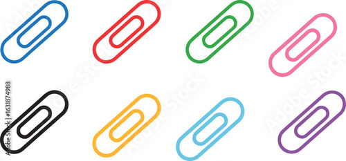 Colorful paperclips arranged in a grid on a white background