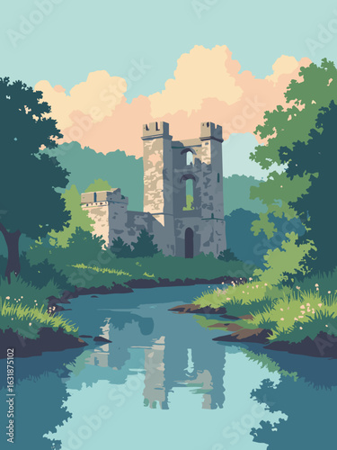 Newton Abbot – Bradley Manor ruins and riverbank in ruin stone, river blue, moss green, and dawn peach