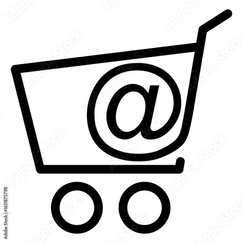 Logo tienda en línea. Icono carrito de la compra con símbolo arroba de correo electrónico con líneas 