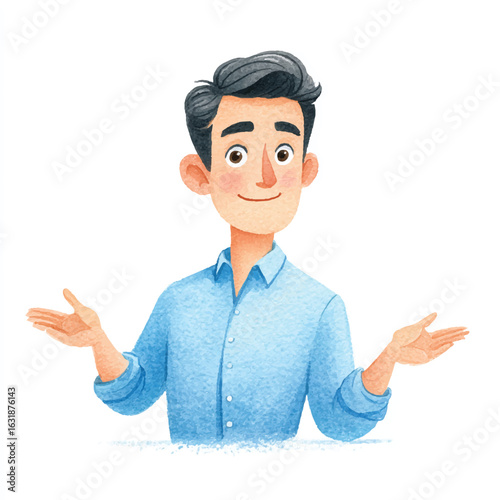 Cheerful Illustrated Man in Light Blue Shirt Gesturing Openly