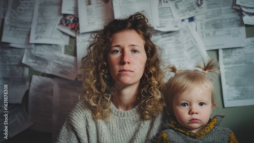 Single mom with toddler faces overwhelming debt collection notices in a cluttered room
