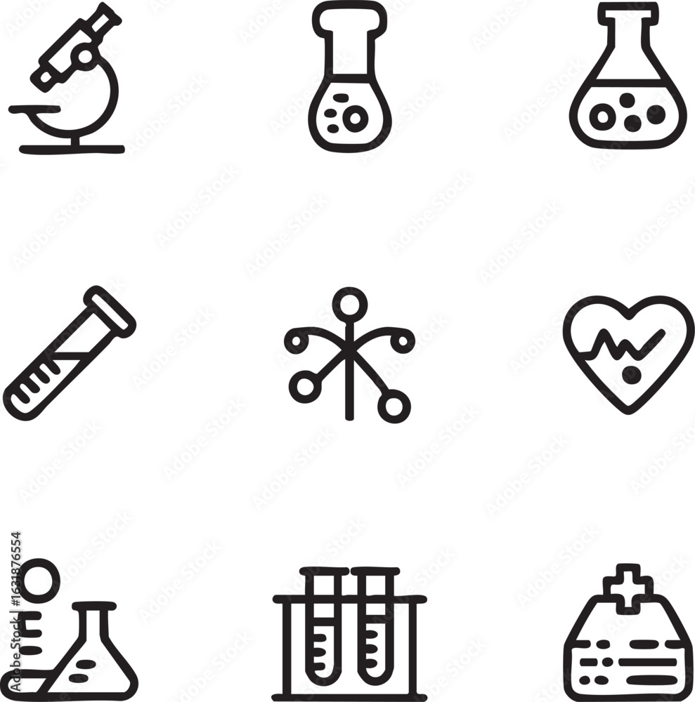 Fototapeta premium Medical and science vector icon set outline style,minimalist design microscope,flasks,test tubes,dna,heart,hospital icon set