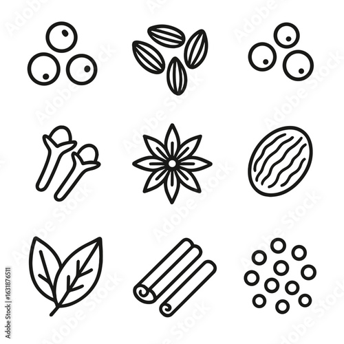 Pantry Spice Icons. Line style icons of pantry spices: black peppercorns, cumin seeds, coriander seeds, cloves, star anise, nutmeg