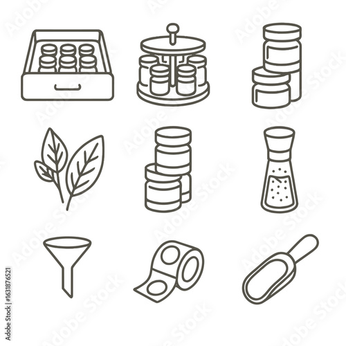 Pantry Spice Icons. Line style icons of pantry spices: open spice drawer, rotating spice carousel, layered spice jars, illustrated