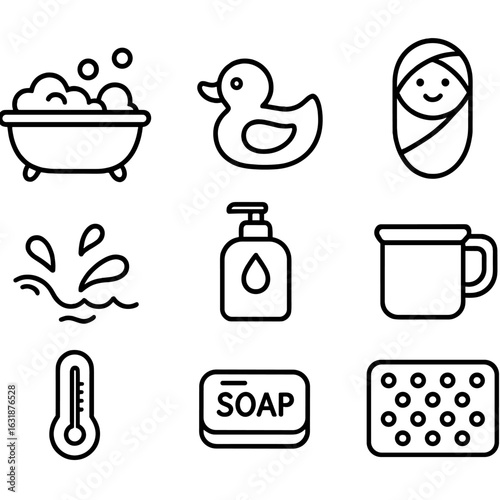 Toddler Bath Time Icons. Outline style icons of toddler bath time: bubble bath, bath toy, shampoo bottle, towel wrap, splashing