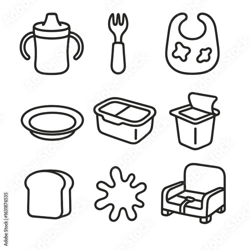 Toddler Meal Icons. Outline style icons of toddler meals: sippy cup, baby fork, small plate, bib with food stains, toddler snack