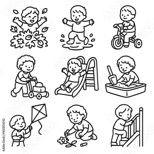 Toddler Play Icons. Outline style icons of toddler outdoor play: leaf pile, puddle jump, trike ride, push toy, slide, sandbox