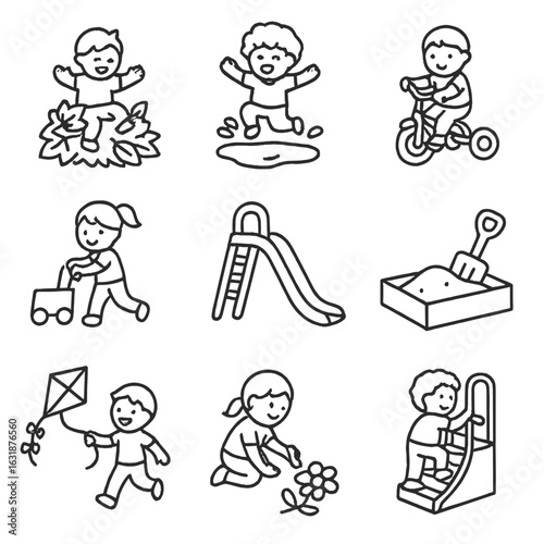 Toddler Play Icons. Outline style icons of toddler outdoor play: leaf pile, puddle jump, trike ride, push toy, slide, sandbox