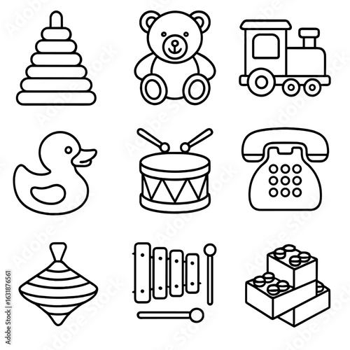 Toddler Toy Icons. Outline style icons of toddler toys: stacking rings, plush bear, toy train, rubber duck, musical drum, toy