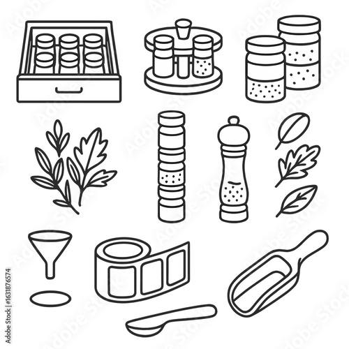 Pantry Spice Icons. Line style icons of pantry spices: open spice drawer, rotating spice carousel, layered spice jars, illustrated
