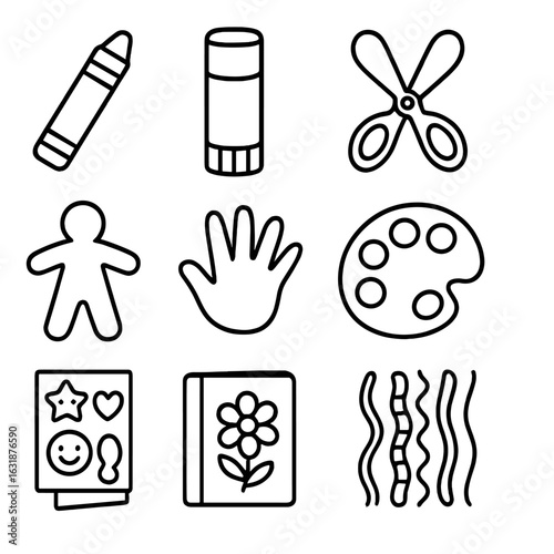 Toddler Craft Icons. Outline style icons of toddler art and crafts: crayon, glue stick, kid scissors, paper cutout, handprint art,