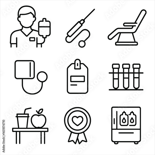Blood Donation Icons. Outline style icons of Blood Donation Staff: phlebotomist with bag, blood collection needle, donor chair,