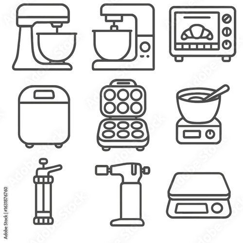 Baking Appliance Icons. Outline style icons of Baking Appliances: stand mixer, dough kneader, convection oven, bread maker, cake