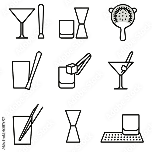 Bartender Tools Icons. Outline style icons of Bartender Tools with Glasses: cocktail glass next to muddler, jigger beside rocks